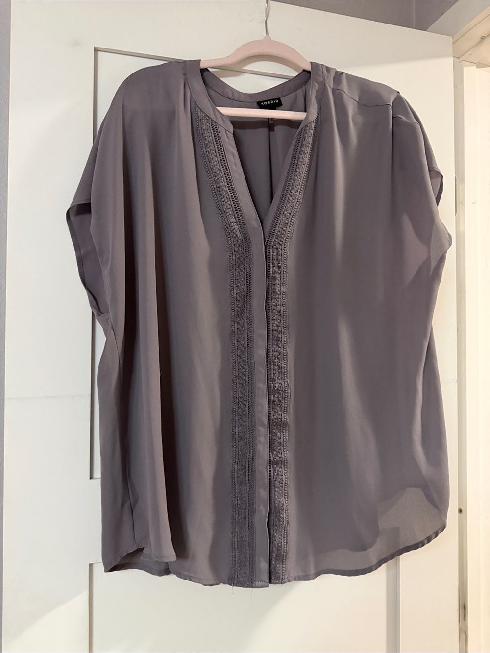 torrid Gray Lace-Trim Split-Neck Blouse